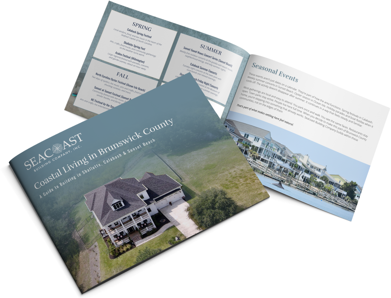 Brochure for Seacoast Building Company showcasing coastal homes and seasonal events in Brunswick County. Ideal for home builders.