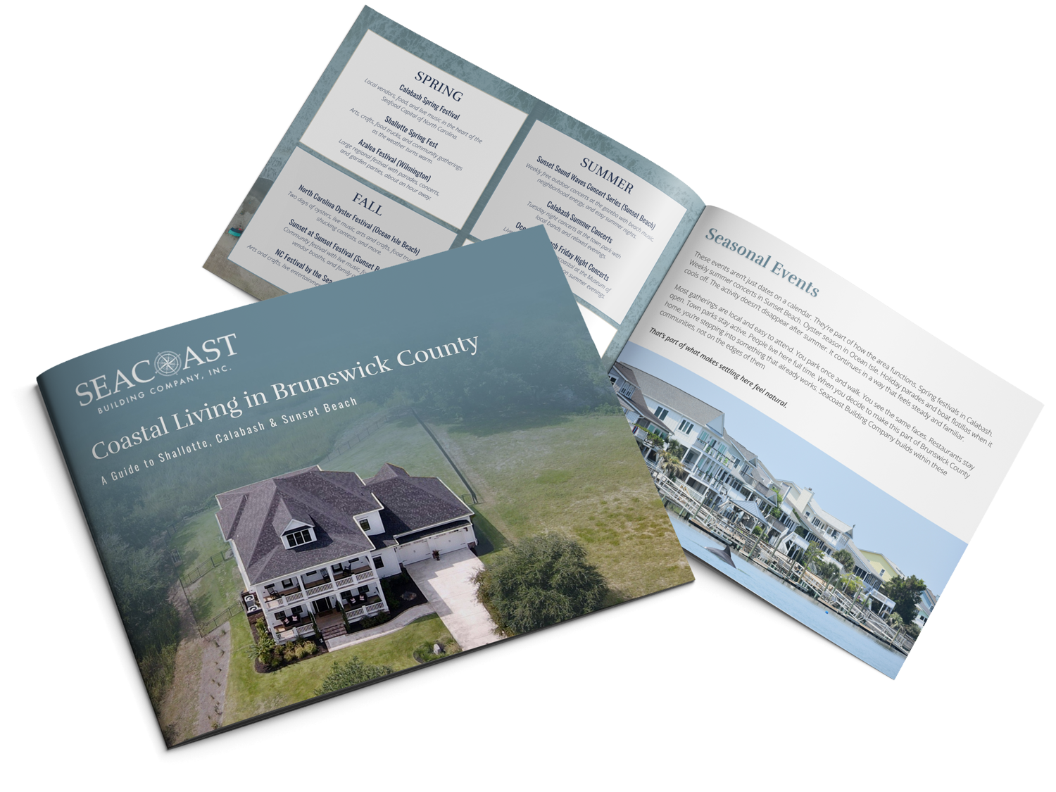 Brochure titled "Coastal Living in Brunswick County" by Seacoast Building Company, featuring a home and seasonal events.
