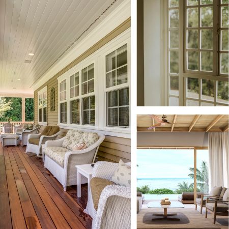 Elegant porch and interior spaces featuring natural light, wooden elements, and cozy seating, ideal for a home builder's inspiration.